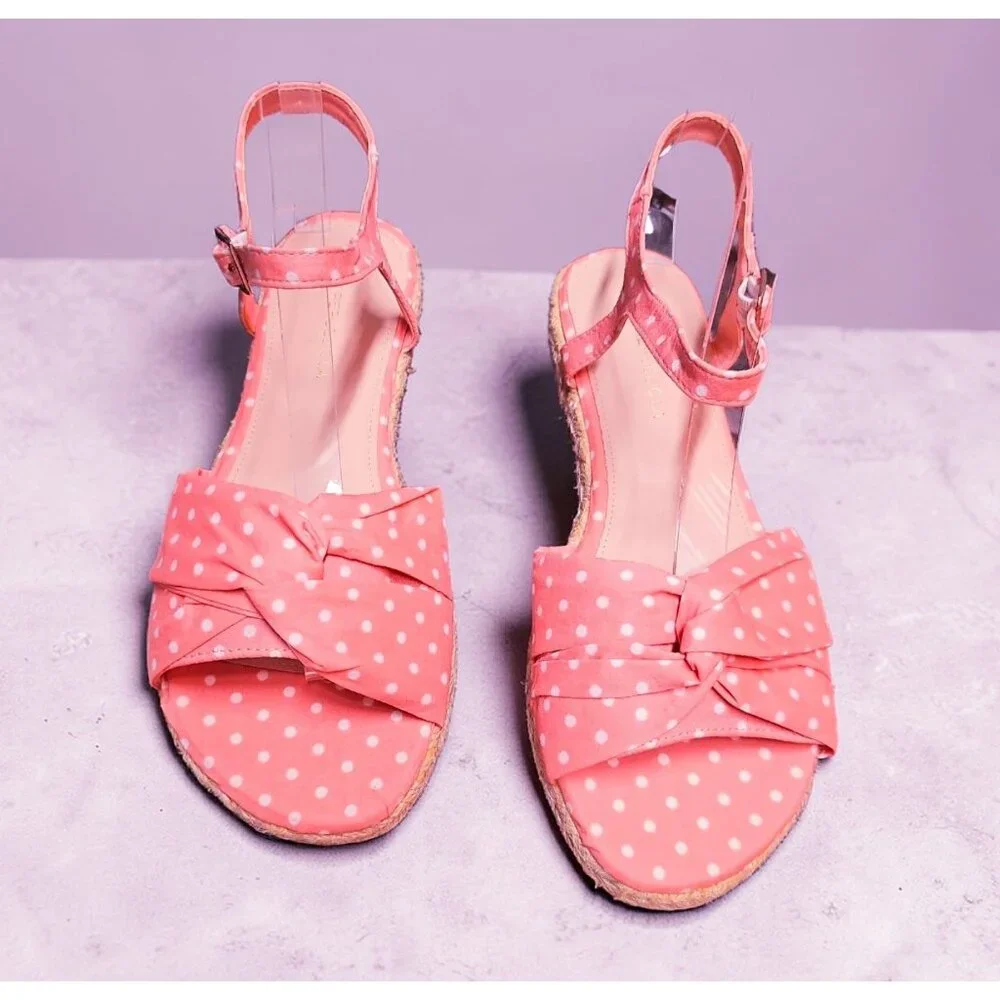 Polka Dot Blush Espadrille Sandals With Bow & Adjustable Ankle Strap - Casual Su - Picture 4 of 7